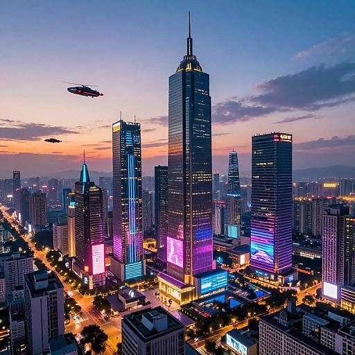 Photograph of a futuristic cityscape at dusk, featuring glowing skyscrapers with neon lights, flying UFOs, and a vibrant, illuminated skyline.
