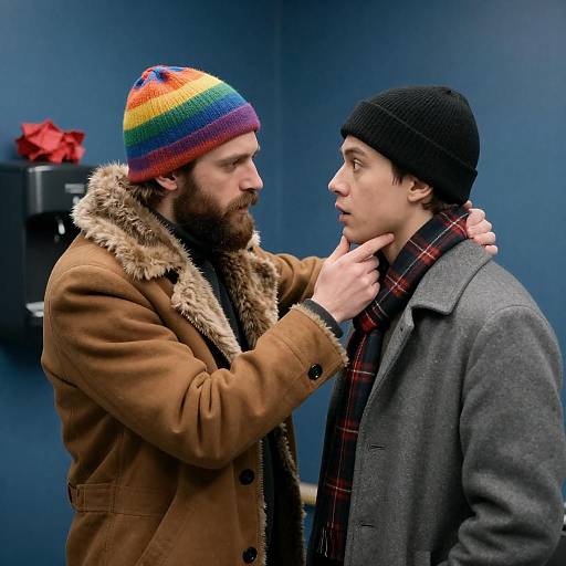 Two Men in Winter Coats Confrontation