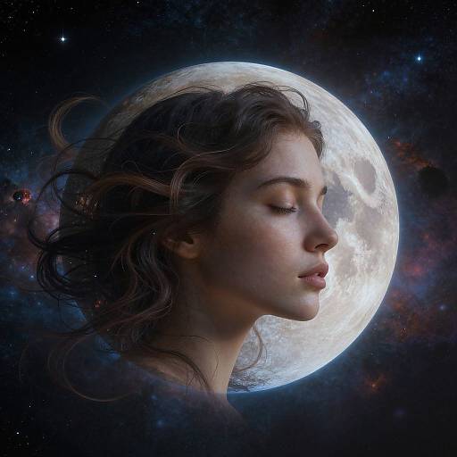 Digital artwork of a serene young woman with wavy brown hair, closed eyes, and soft features, profiled against a glowing full moon in a star