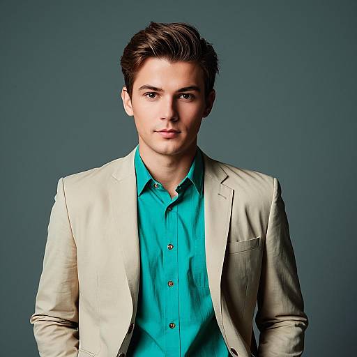Confident Young Man in Beige Suit and Teal Shirt