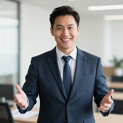 Photograph of a smiling Asian man in a dark blue suit, white shirt, and black tie, gesturing with both hands in a brightly lit modern