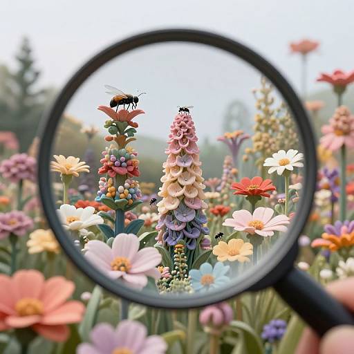 Photograph: Close-up through magnifying glass, colorful flowers with honeybee on purple and pink blooms, soft-focus background, vibrant, detailed, natural