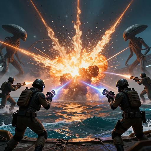 Digital artwork of two soldiers with helmets and backpacks firing at an explosion, with Xenomorphs in the background. Ocean waves at bottom, fiery
