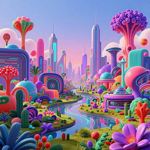 Vibrant, surreal CGI cityscape with neon-colored, abstract buildings, lush colorful flowers, a winding river, and a bright blue sky.