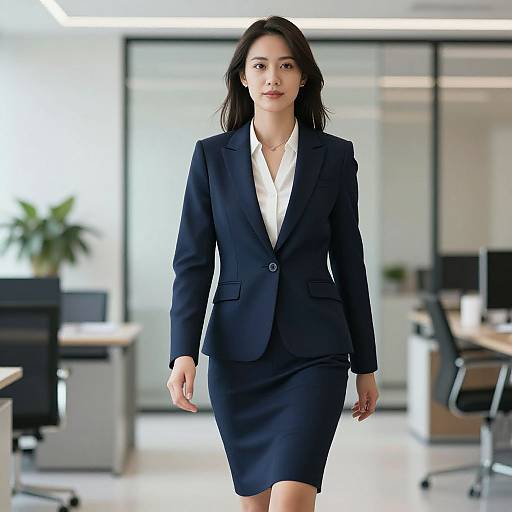 Photograph of a confident Asian woman with long black hair, wearing a navy blazer and white blouse, walking in a modern, bright office with glass