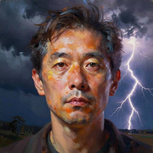 Digital painting of a serious Asian man with tousled hair, glowing lightning in dark stormy sky behind him, intense expression.