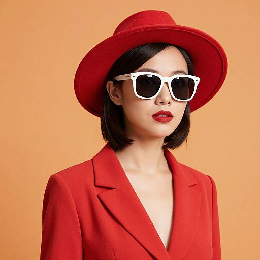 Photograph of a stylish Asian woman with short black hair, wearing a red hat, white square sunglasses, red lipstick, and a vibrant red blazer
