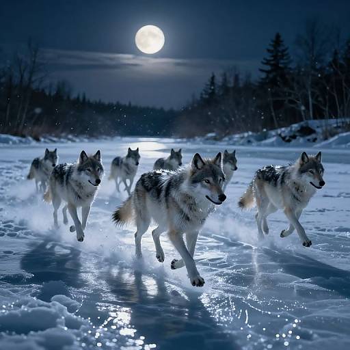 Photograph of six wolves with white and gray fur running on a moonlit snowy landscape, creating a glowing trail under a full moon.