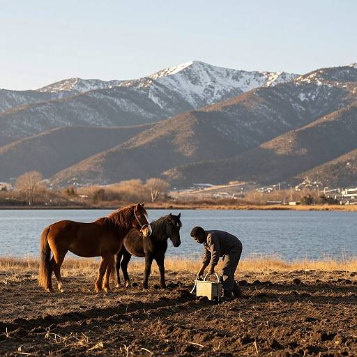 Photograph of a person in black clothing feeding two brown horses by a lakeside, with snow-capped mountains in the background.
