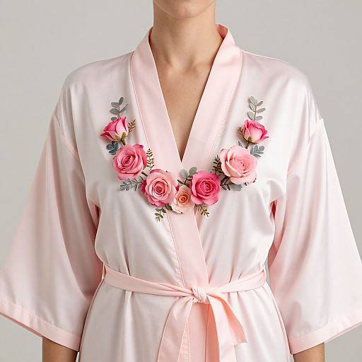 Photograph of a person wearing a pale pink silk robe with embroidered pink and red roses and green leaves on the chest. Background is plain white.