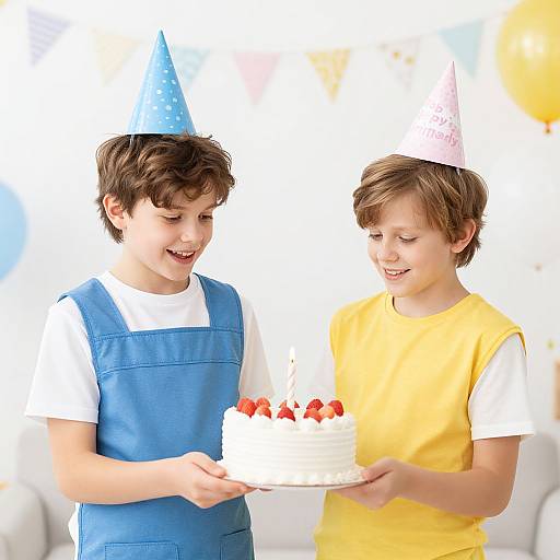Photograph of two smiling boys in blue and yellow shirts, wearing party hats, holding a white cake with strawberries. Bright, festive background.