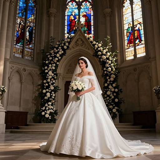 Photograph of a beautiful bride in a white, lace-embellished satin wedding gown with veil, holding a bouquet of white flowers, standing in