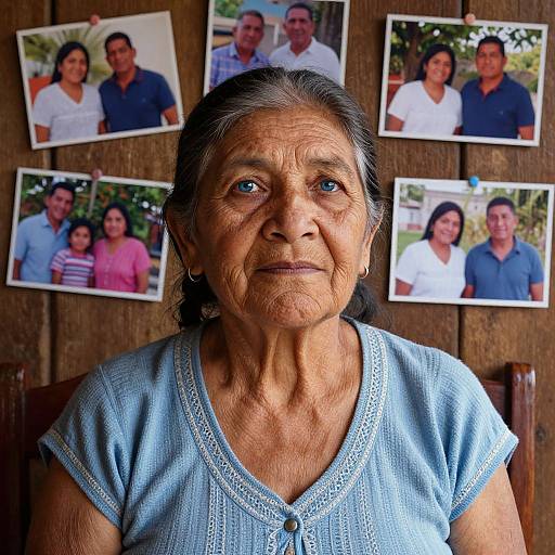 Photograph of an elderly Native American woman with deep wrinkles, wearing a blue embroidered top, surrounded by family photos on a wooden wall.