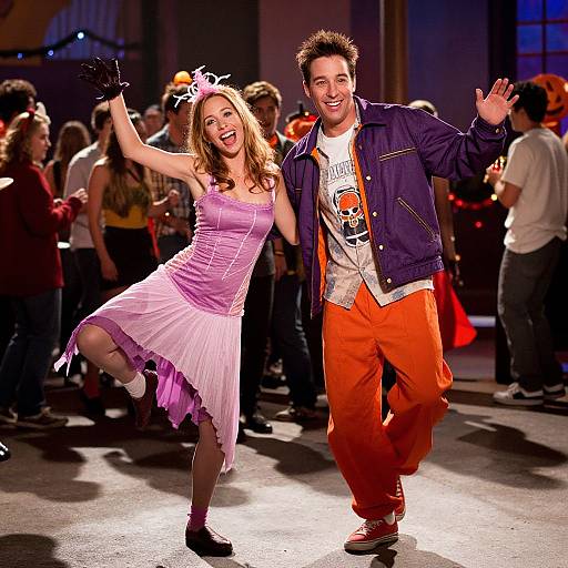 Photograph of a joyful couple dancing on stage; woman in pink dress and crown, man in navy jacket and orange pants, surrounded by an audience.