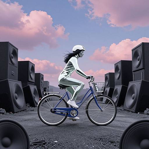 Digital artwork of a woman in white outfit and helmet riding a blue bicycle through a field of large speakers, under a pink and blue cloudy sky.