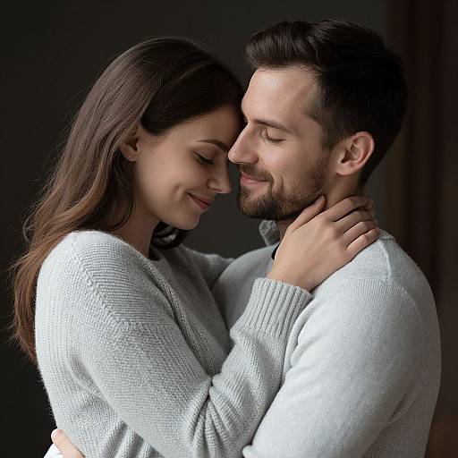 Photograph of a smiling couple with closed eyes, wearing white knit sweaters, gently embracing against a dark background. Soft lighting highlights their intimate, loving