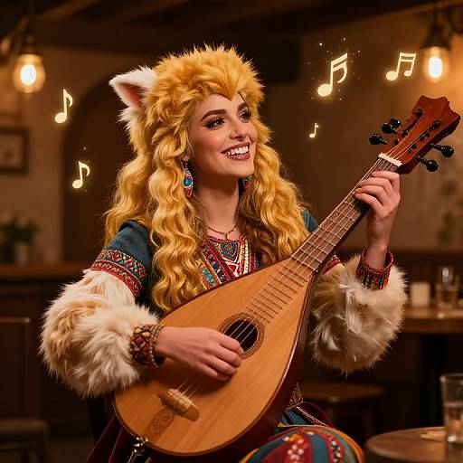 Photograph of a smiling woman with long, wavy blonde hair in a furry cat-ear headband, playing a mandolin in a cozy,