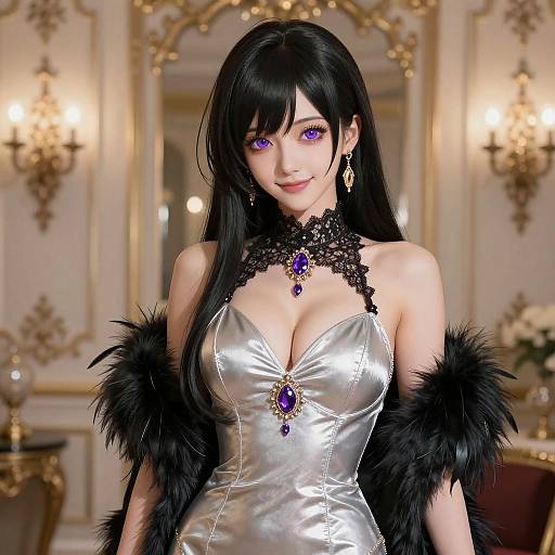 Elegant Anime Woman in Silver Dress