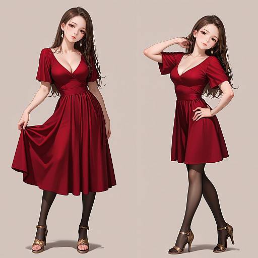 Woman in Elegant Red Dress and High Heels