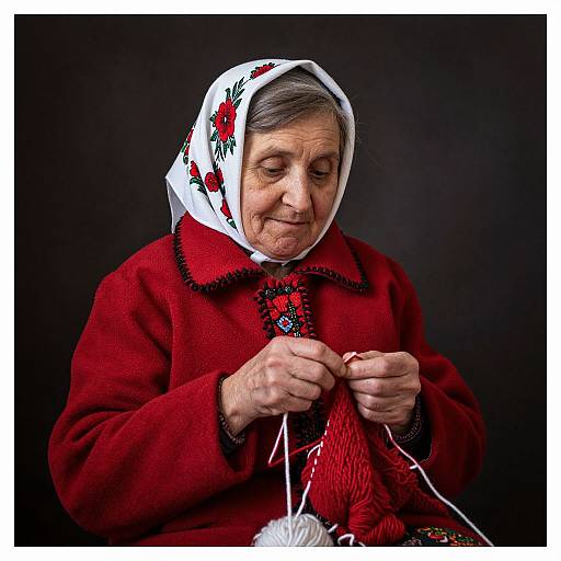 Photograph of an elderly woman with gray hair, wearing a white floral headscarf and red embroidered coat, focused on knitting a red yarn with white