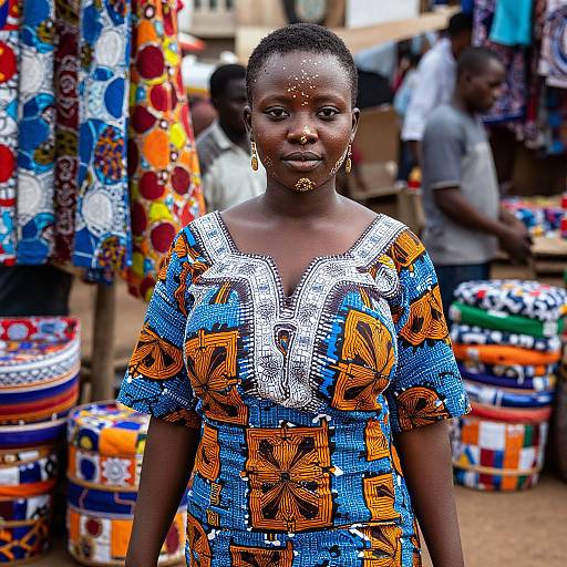 Photograph of a young African woman with dark skin, wearing a vibrant blue and orange patterned dress, adorned with gold jewelry, standing in a colorful