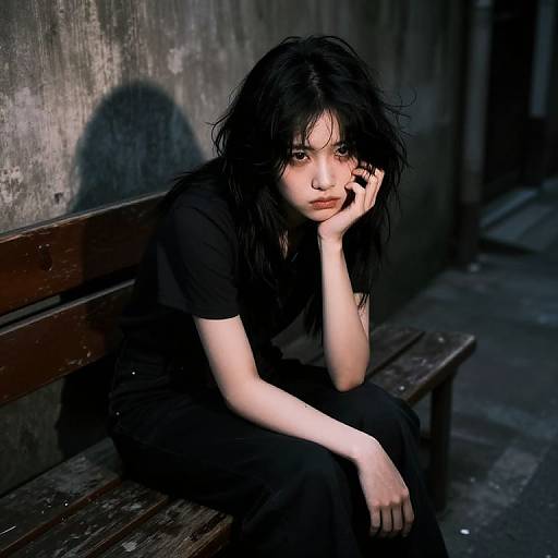Photograph of a pensive young woman with pale skin and disheveled black hair, wearing a black shirt and pants, sitting on a worn wooden