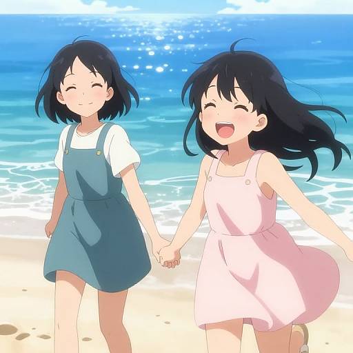 Anime-style digital drawing of two smiling girls holding hands on a sunny beach, one in a blue dress, the other in a white dress.