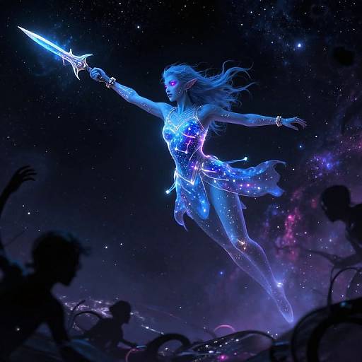 Digital fantasy artwork: Glowing blue warrior woman with long hair and glowing armor, holding a glowing sword, floating against a starry, cosmic background with