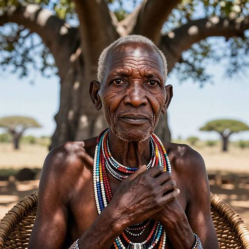 Photograph of an elderly, dark-skinned African man with short gray hair, wearing colorful bead necklaces, sitting outdoors under a large tree.