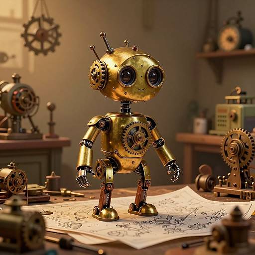 Photograph of a golden, steampunk-style robot with gears and antennas, standing on a cluttered wooden table with blueprint drawings and mechanical parts in
