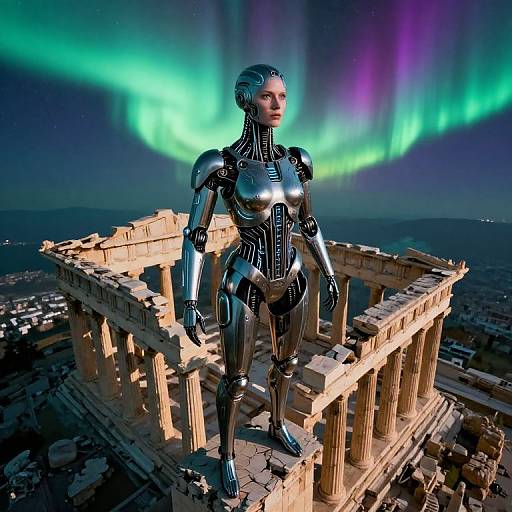 Photorealistic CGI of a silver robotic woman standing on ancient ruins under vibrant green, purple auroras. Dark landscape below.