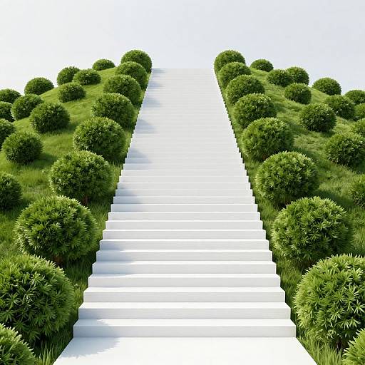Digital artwork of a symmetrical, white staircase flanked by lush, green, rounded bushes on both sides, leading upward.