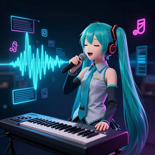 Digital artwork of Hatsune Miku singing with a microphone, playing a keyboard, neon blue and pink musical graphics in the background.