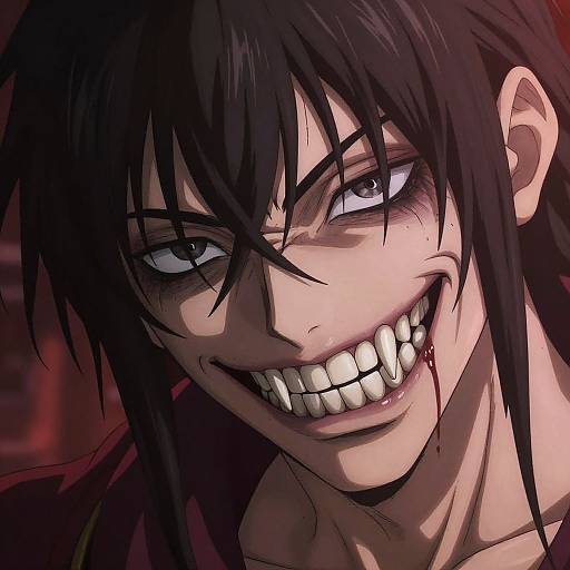Digital anime-style close-up of a grinning, blood-stained man with black hair, blue eyes, and sharp teeth against a dark red background.