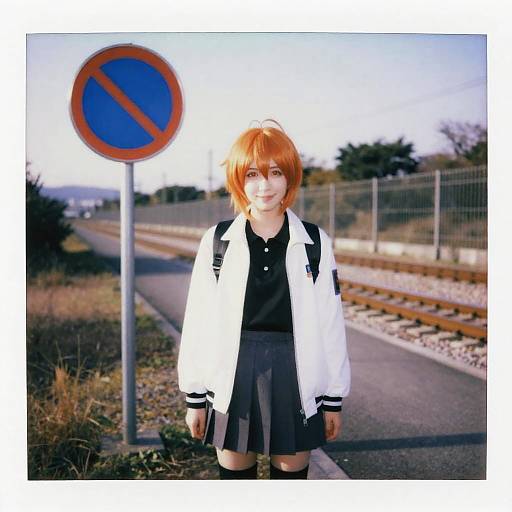 Adachi Rei Outdoors in Sunlit Train Tracks