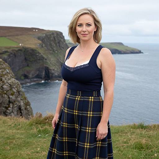 Photograph of a smiling blonde woman with short hair, wearing a black tank top and plaid skirt, standing on a grassy cliff overlooking a blue