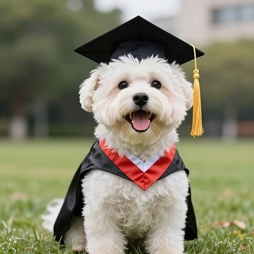 Happy Dog in Graduation Cap and Gown
