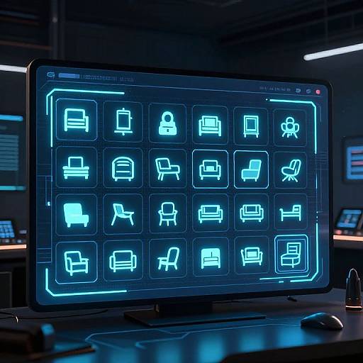 Photograph of a glowing blue neon grid on a computer monitor displaying various furniture icons in a dark, tech-filled room.