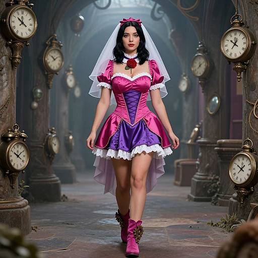 Digital art: Curvy woman in pink and purple Alice in Wonderland costume, white veil, pink boots, walks through a dimly lit, clock-filled