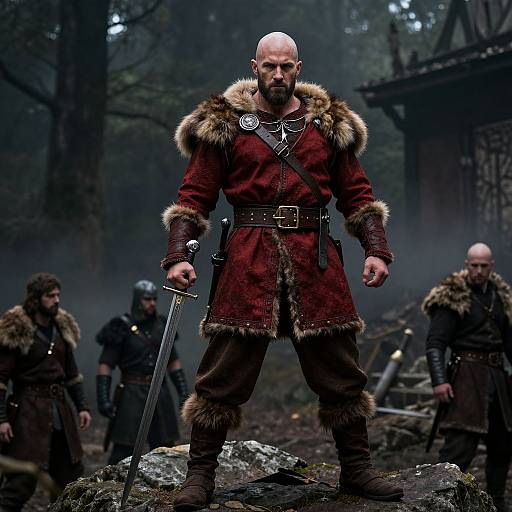 Photograph of a bald, muscular Viking warrior with a red fur-trimmed coat, standing on a rock in a misty forest, surrounded by