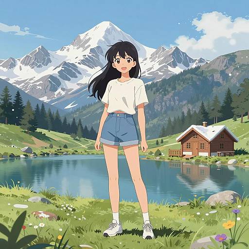 Anime Woman by Scenic Mountain Lake