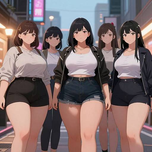 Digital anime-style illustration of five curvy women with black hair, wearing white tops, black jackets, and high-waisted black shorts, walking down