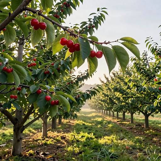 Photograph of a sunlit cherry orchard with vibrant red cherries hanging from lush green leaves, rows of trees stretching into the background, and sunlight