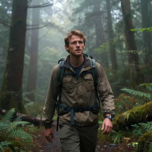 Photograph of a rugged, curly-haired man with a serious expression, wearing a camo outfit and backpack, walking through a misty, dense forest
