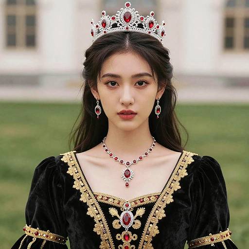 Photograph of an East Asian woman with long black hair, wearing a silver tiara, red gemstone necklace, earrings, and black velvet gown with