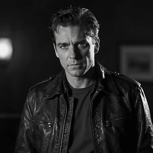 Photograph of a serious-looking man with short, dark hair, wearing a black leather jacket over a black shirt, illuminated by dramatic black-and-white lighting
