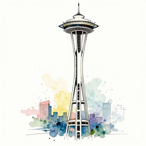 Digital watercolor illustration of Seattle's Space Needle with colorful urban background, featuring splashes of blue, yellow, and pink.