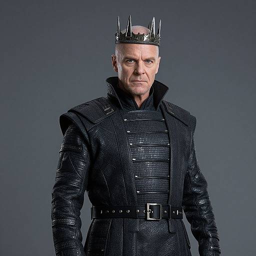 Photograph of a stern, bald, middle-aged man in black, spiked crown and textured, armored jacket, set against a gradient gray background.