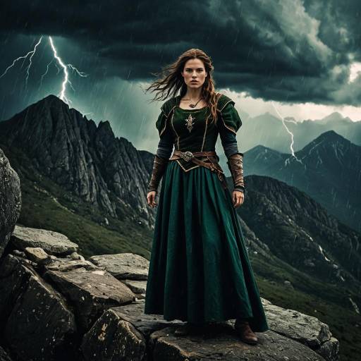 Medieval Woman in Stormy Mountain Landscape