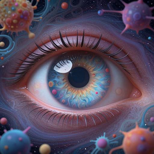 Digital artwork of a vibrant blue eye with intricate details, surrounded by colorful, swirling viruses and particles in a cosmic background.